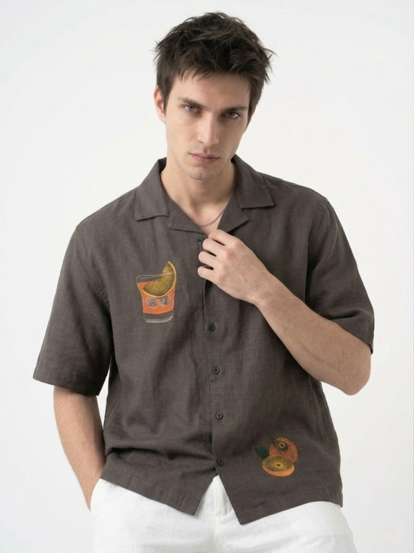 Mens Coffee Brown Graphic Embroidered Spread Collar Shirt