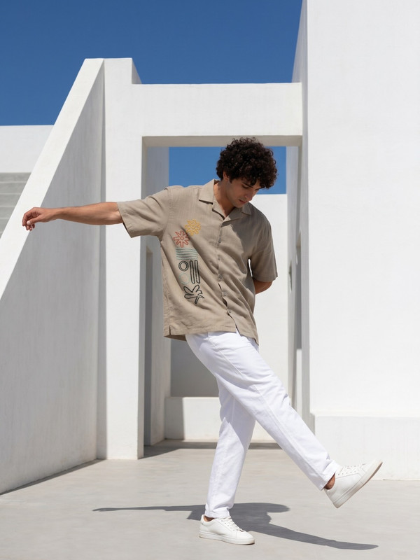 Brown Embroidered Spread Collar Shirt