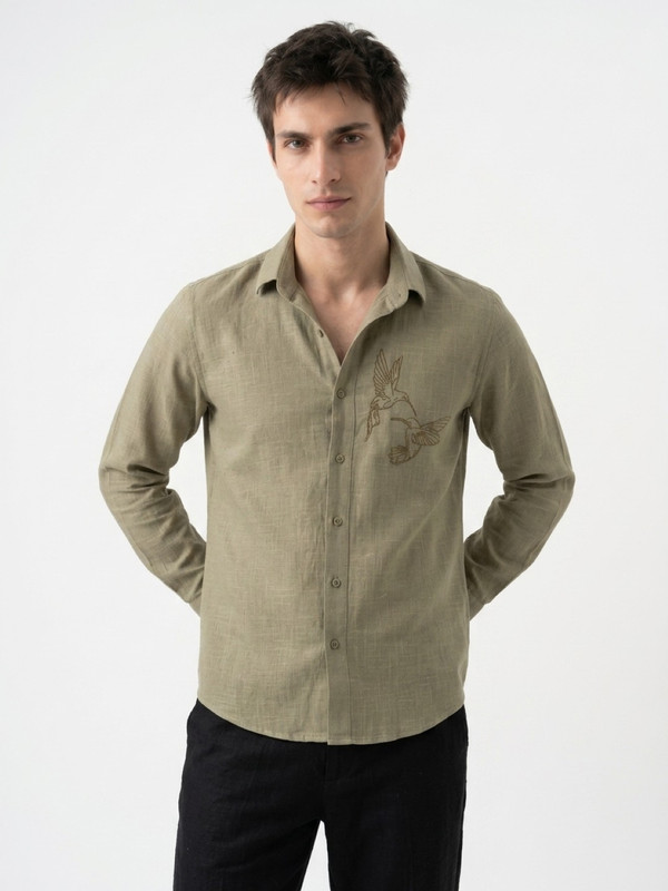 Olive Graphic Print Spread Collar Cotton Shirt