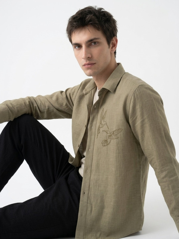 Olive Graphic Print Spread Collar Cotton Shirt