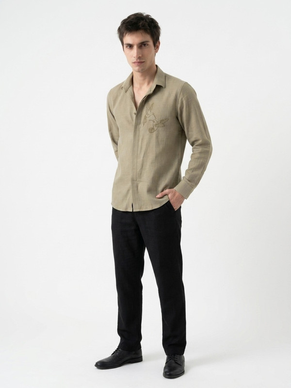 Olive Graphic Print Spread Collar Cotton Shirt