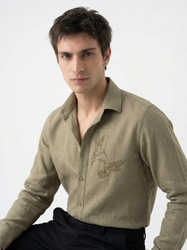 Olive Graphic Print Spread Collar Cotton Shirt