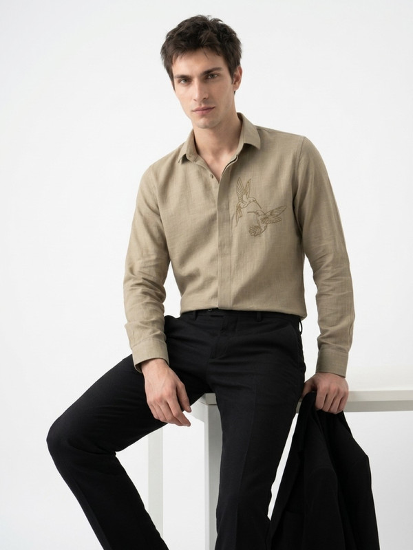 Olive Graphic Print Spread Collar Cotton Shirt