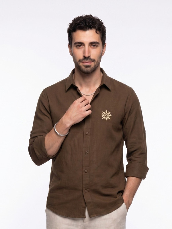 Brown Graphic Embroidered Linen Casual Shirt with Spread Collar