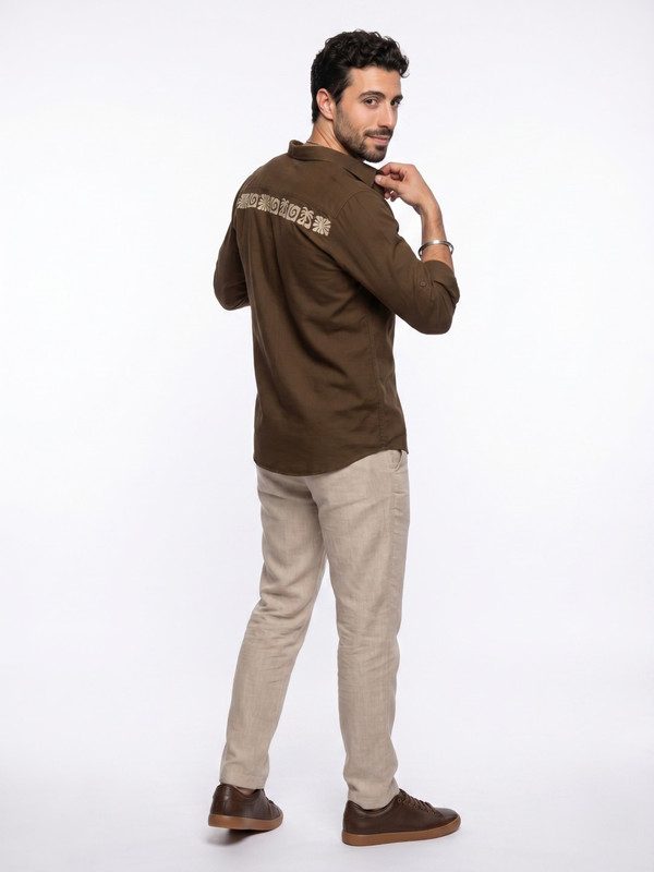 Brown Graphic Embroidered Linen Casual Shirt with Spread Collar