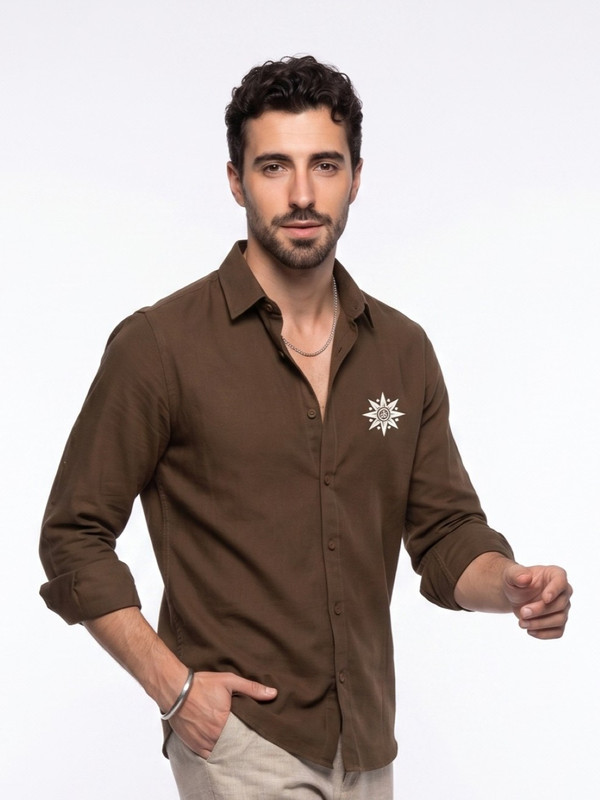 Brown Graphic Embroidered Linen Casual Shirt with Spread Collar