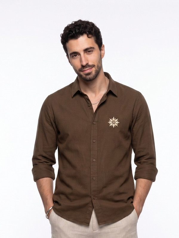 Brown Graphic Embroidered Linen Casual Shirt with Spread Collar