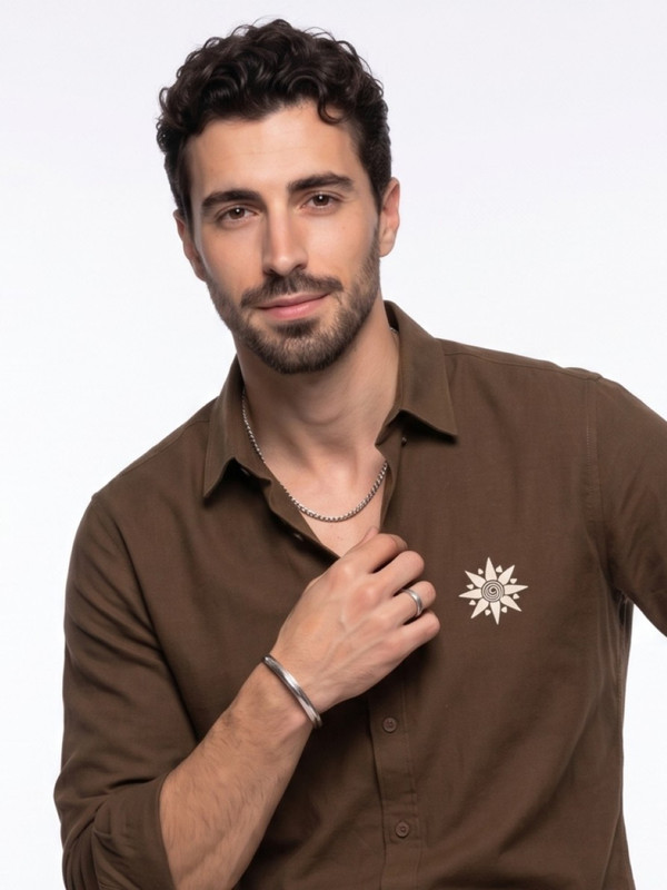 Brown Graphic Embroidered Linen Casual Shirt with Spread Collar