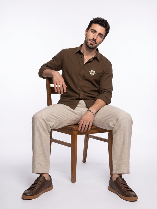 Brown Graphic Embroidered Linen Casual Shirt with Spread Collar