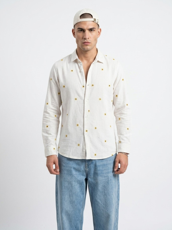 Mens White Floral Embroidered Casual Shirt with Spread Collar