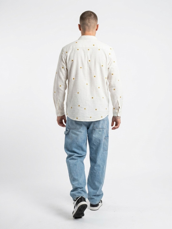 Mens White Floral Embroidered Casual Shirt with Spread Collar