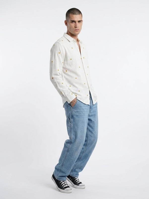 Mens White Floral Embroidered Casual Shirt with Spread Collar