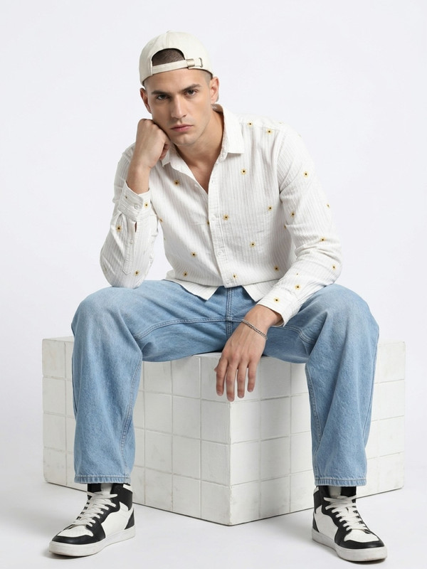 Mens White Floral Embroidered Casual Shirt with Spread Collar