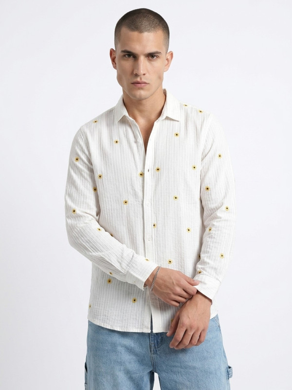 Mens White Floral Embroidered Casual Shirt with Spread Collar