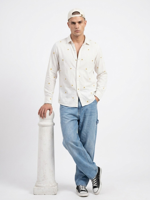 Mens White Floral Embroidered Casual Shirt with Spread Collar
