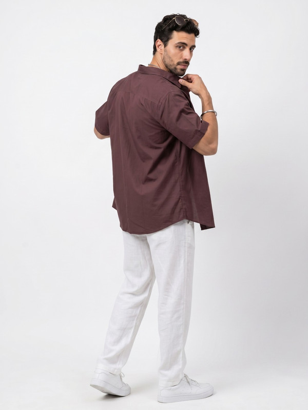 Mens Maroon Plain Spread Collar Casual Shirt