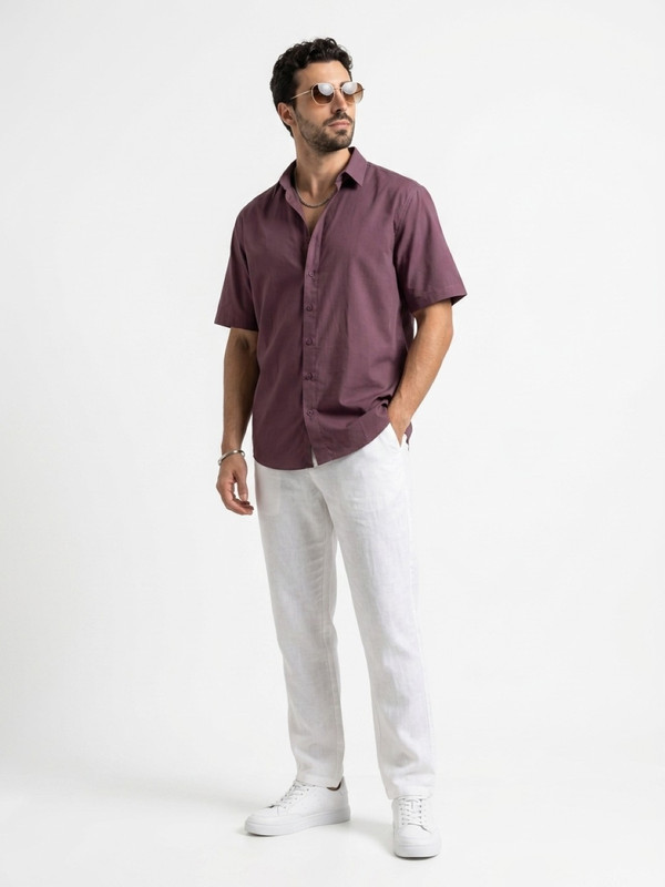 Mens Maroon Plain Spread Collar Casual Shirt