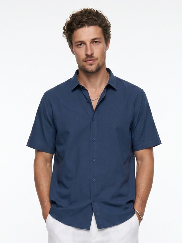 Blue Plain Short-Sleeve Spread Collar Shirt