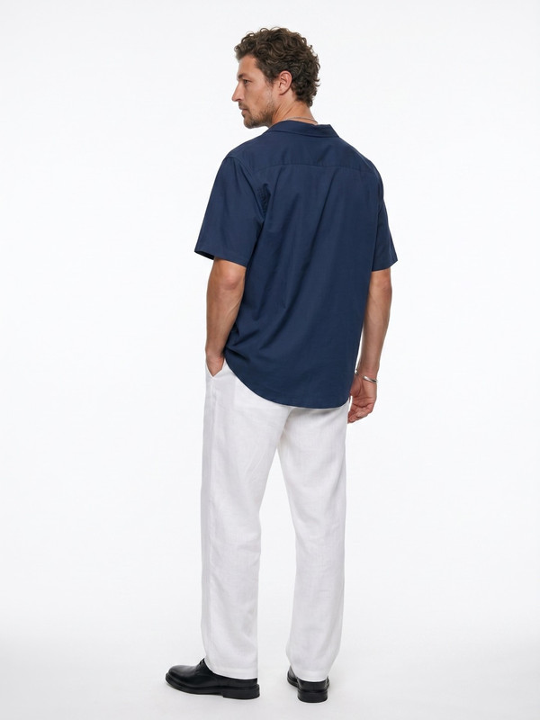 Blue Plain Short-Sleeve Spread Collar Shirt