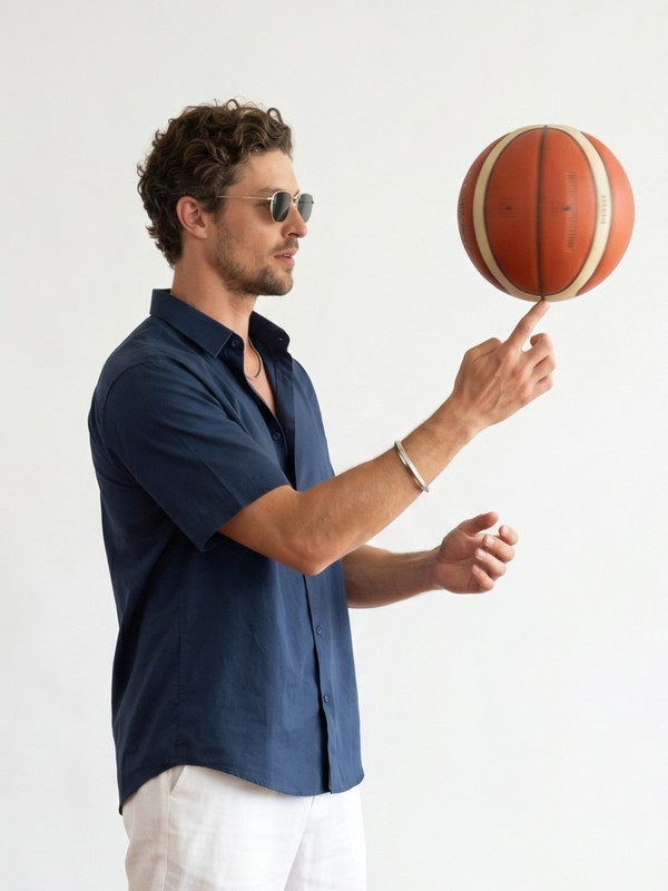 Blue Plain Short-Sleeve Spread Collar Shirt