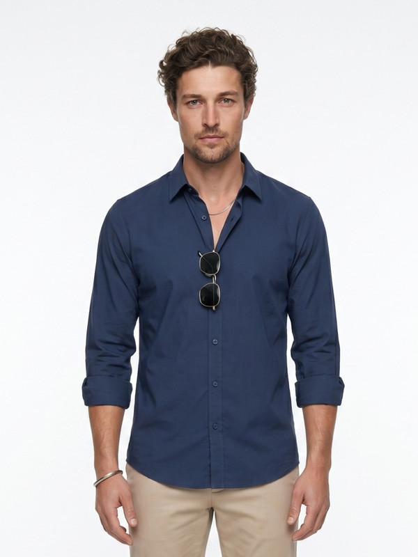 Mens Blue Plain Spread Collar Casual Shirt