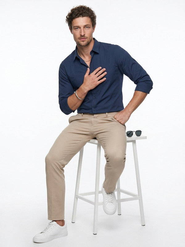 Mens Blue Plain Spread Collar Casual Shirt