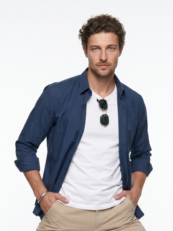 Mens Blue Plain Spread Collar Casual Shirt