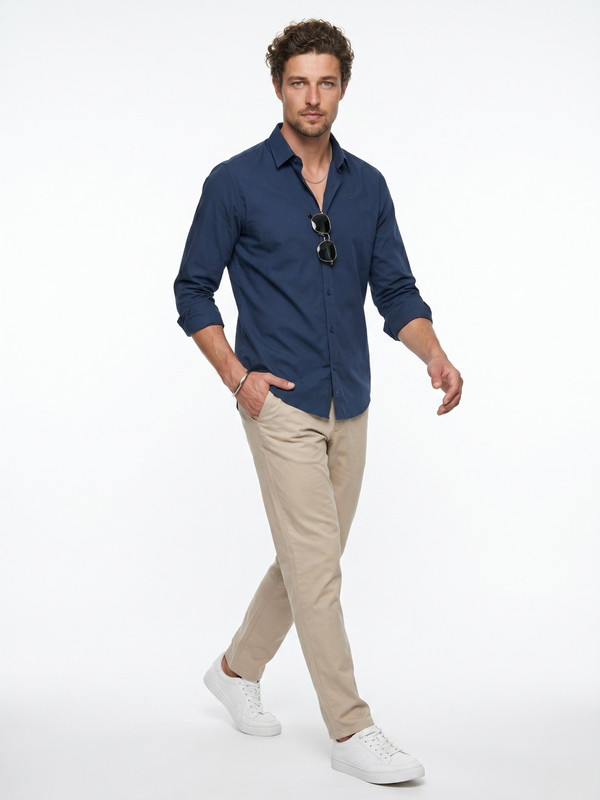 Mens Blue Plain Spread Collar Casual Shirt