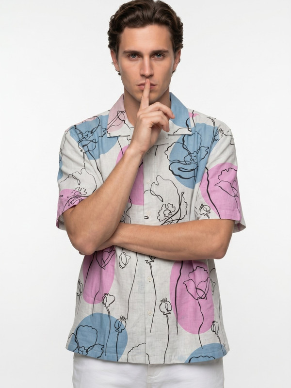 Mens Multi-Color Floral Print Camp Collar Shirt