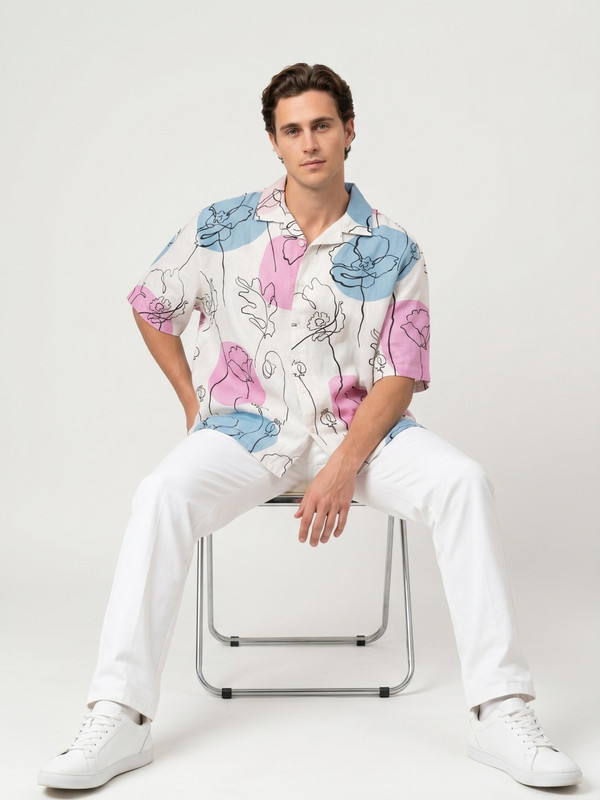 Mens Multi-Color Floral Print Camp Collar Shirt
