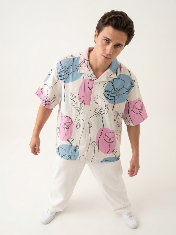 Mens Multi-Color Floral Print Camp Collar Shirt
