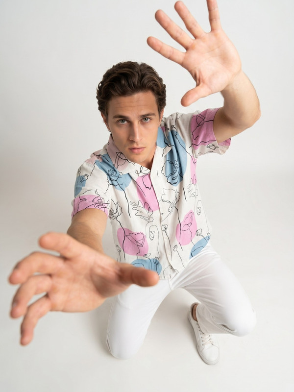 Mens Multi-Color Floral Print Camp Collar Shirt