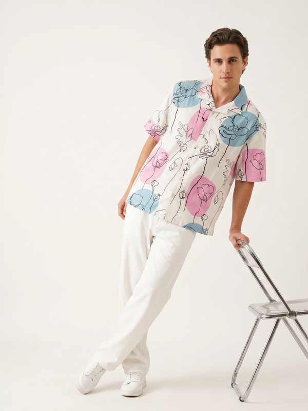 Mens Multi-Color Floral Print Camp Collar Shirt