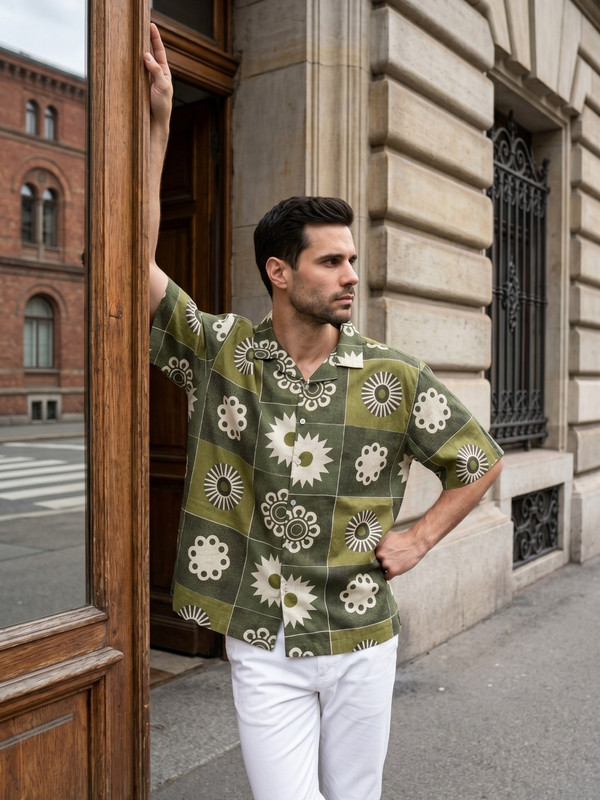 Olive Green Geometric Print Camp Collar Shirt