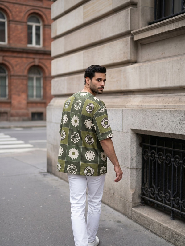 Olive Green Geometric Print Camp Collar Shirt