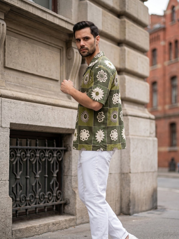 Olive Green Geometric Print Camp Collar Shirt