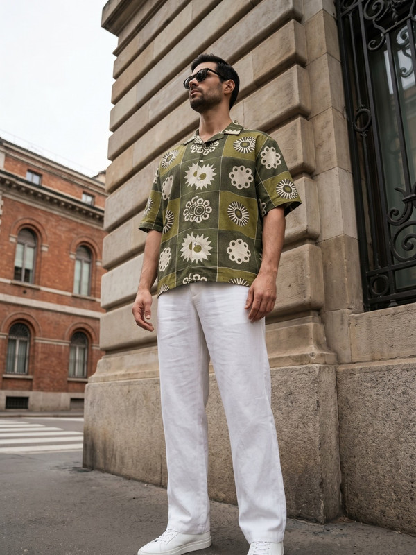 Olive Green Geometric Print Camp Collar Shirt