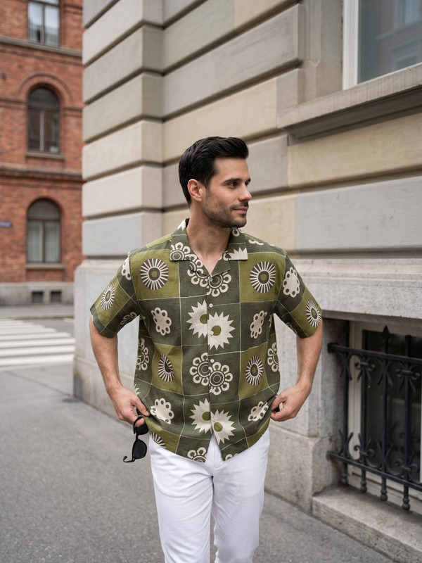 Olive Green Geometric Print Camp Collar Shirt