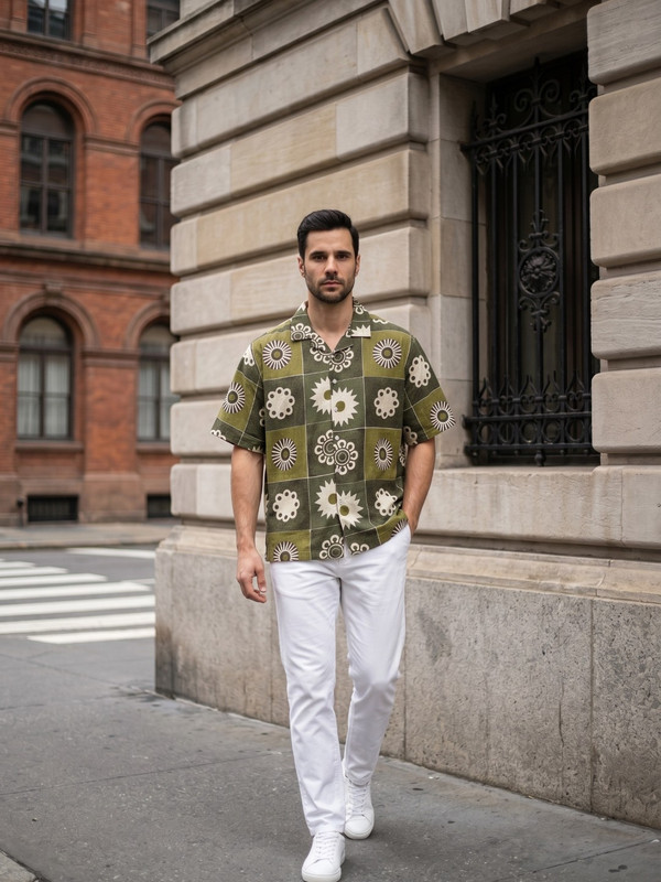 Olive Green Geometric Print Camp Collar Shirt