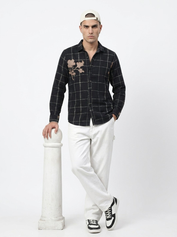 Black Gingham Check Embroidered Casual Shirt with Spread Collar