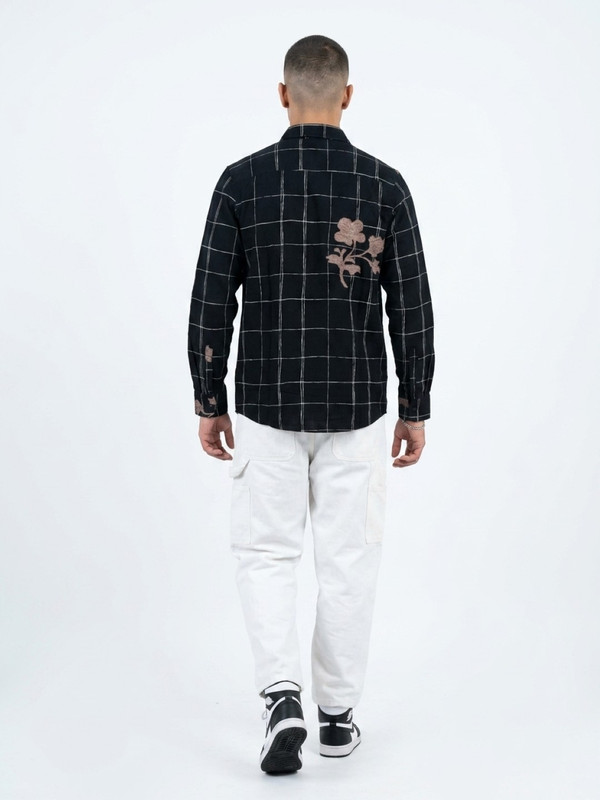 Black Gingham Check Embroidered Casual Shirt with Spread Collar