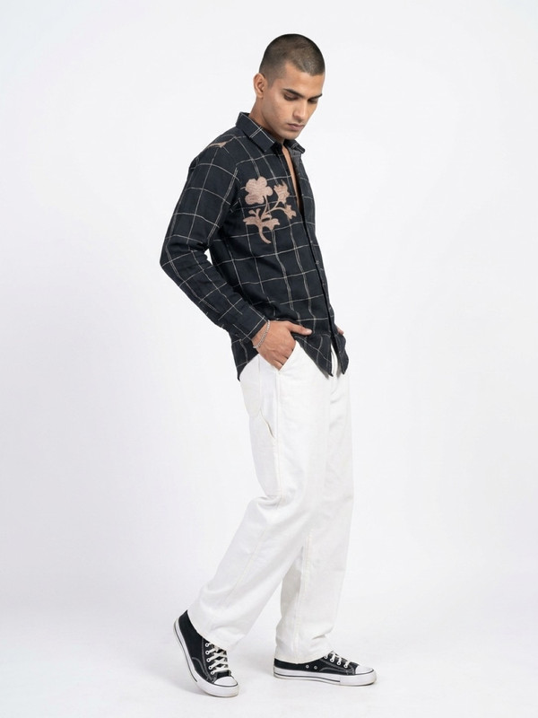 Black Gingham Check Embroidered Casual Shirt with Spread Collar