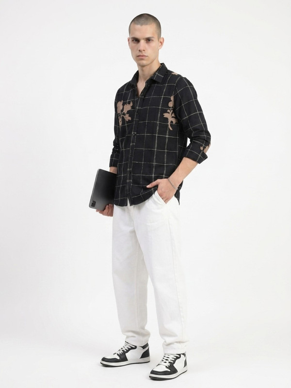 Black Gingham Check Embroidered Casual Shirt with Spread Collar