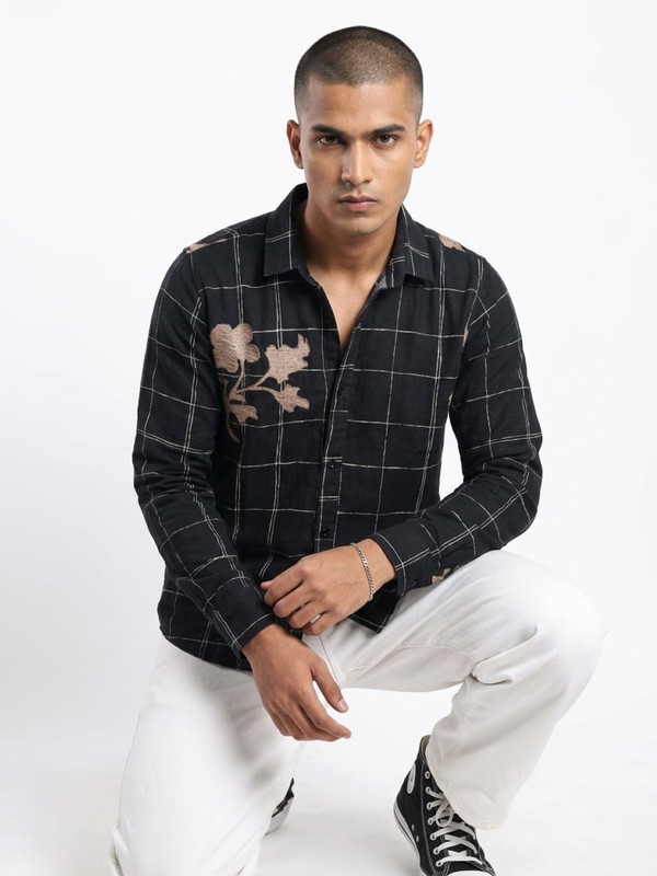 Black Gingham Check Embroidered Casual Shirt with Spread Collar