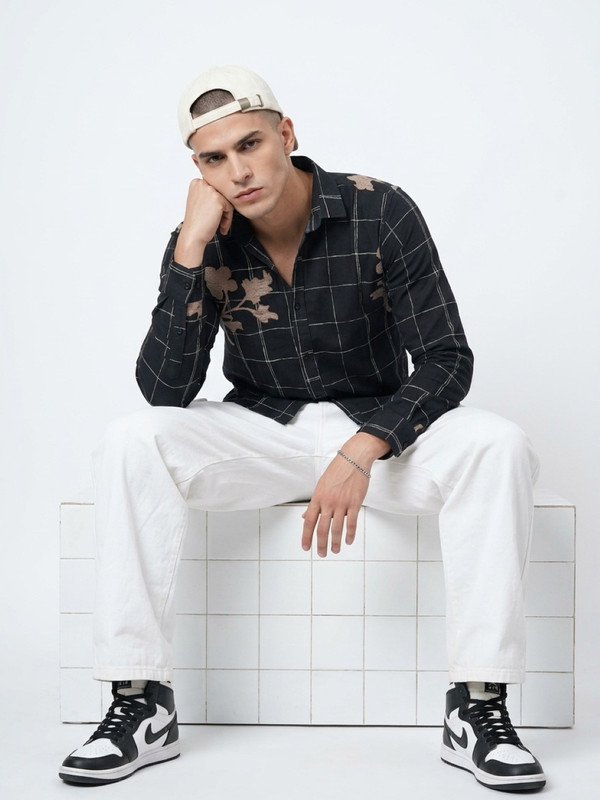 Black Gingham Check Embroidered Casual Shirt with Spread Collar