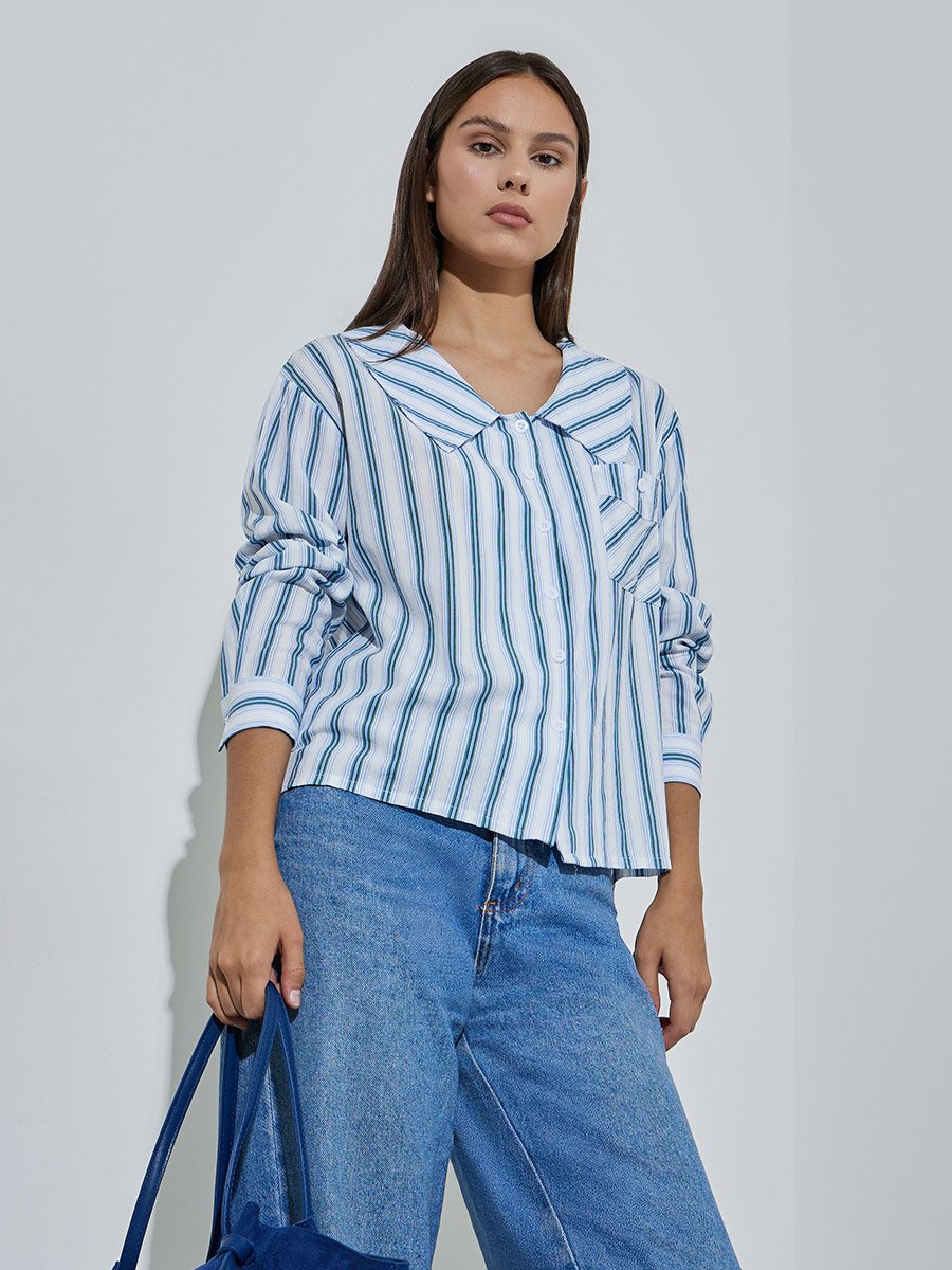 Blue Striped Pocket Details Long Sleeves Shirt