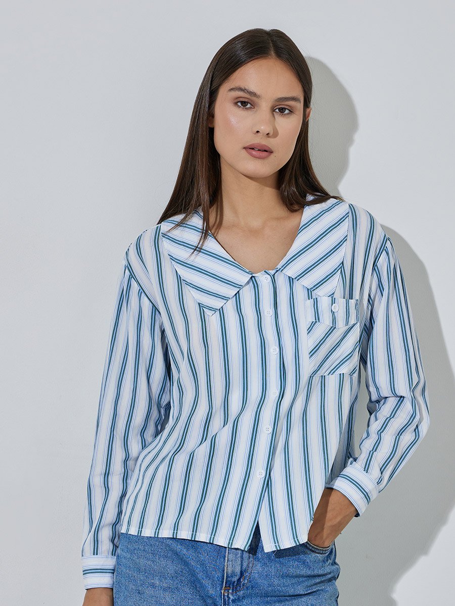 Blue Striped Pocket Details Long Sleeves Shirt