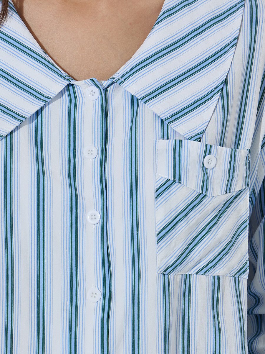 Blue Striped Pocket Details Long Sleeves Shirt