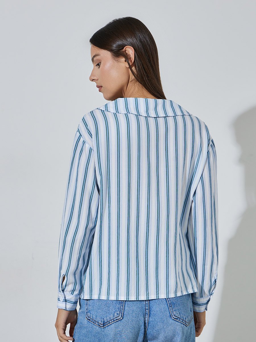 Blue Striped Pocket Details Long Sleeves Shirt