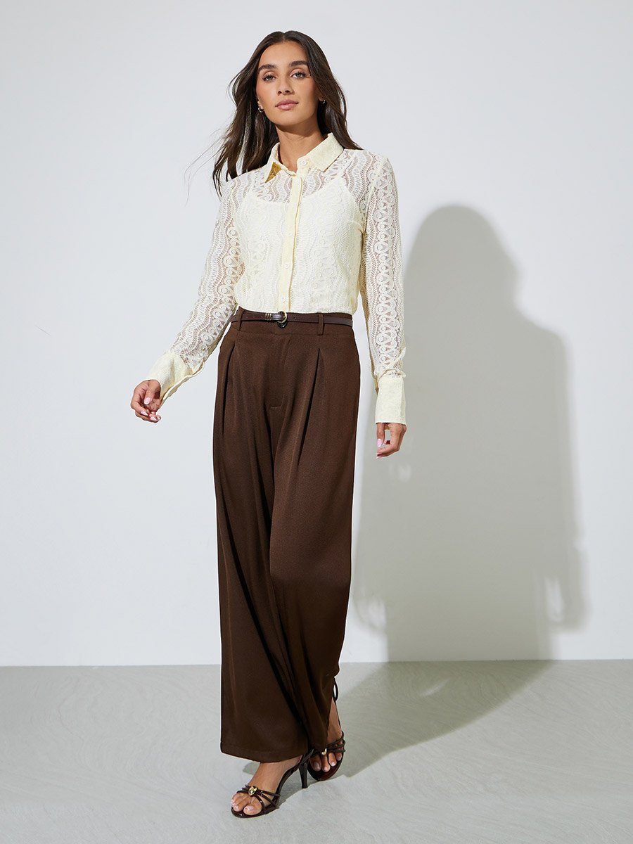 Beige Solid Lace Long Sleeve Blouse